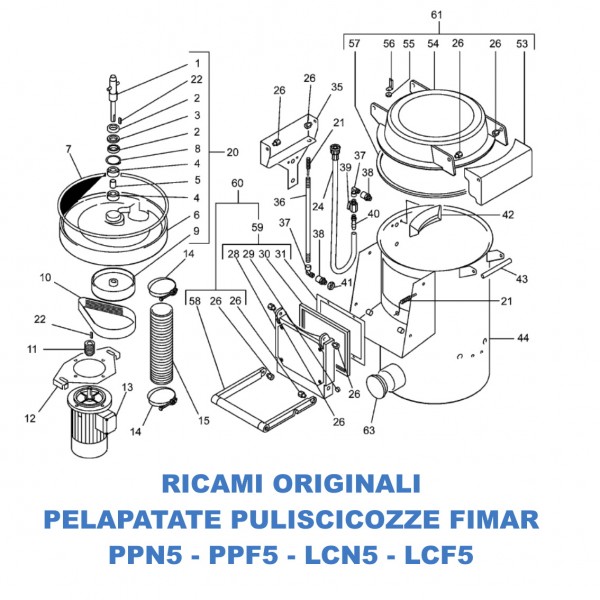 Esploso ricambi per pelapatate puliscicozze Fimar modelli PPN5 PPF5 LCN5 LCF5 - Fimar