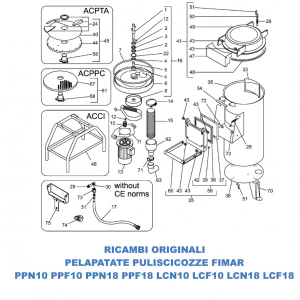 Exploded view spare parts for peeler cleaners Fimar models PPN10 PPF10 LCN10 LCF10 PPN18 PPF18 LCN18 LCF18 - Fimar