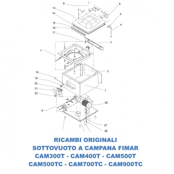 Exploded view of spare parts for Fimar bell thermosealing machine models CAM300T - CAM400T - CAM500T - CAM500TC - CAM700TC -