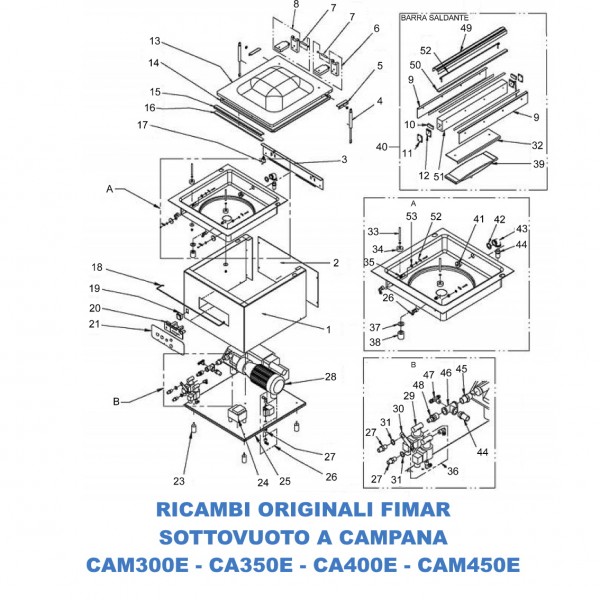 Exploded view of spare parts for Fimar bell thermosealer models CA300E - CAM350E - CAM400E - CAM450E - Fimar
