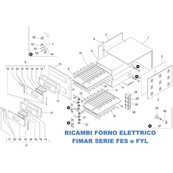 Exploded view spare parts for Fimar Electric Pizza Oven FES and FYL Series - Fimar