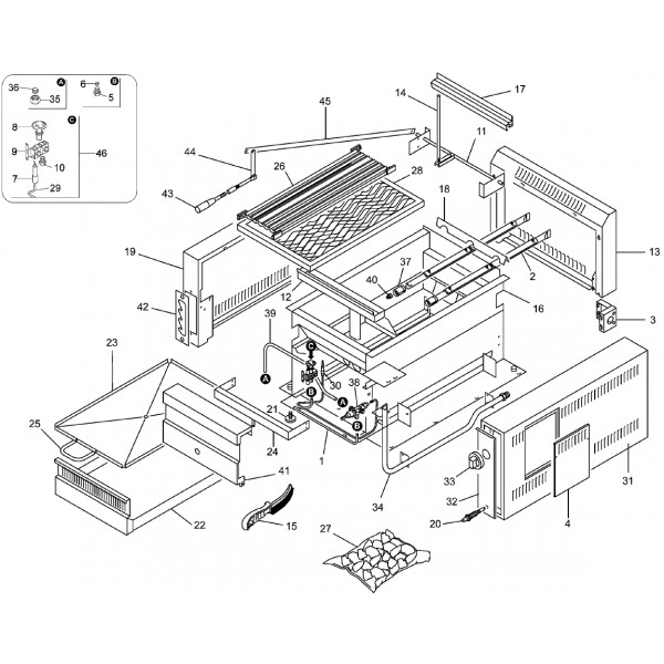 Exploded view spare parts for Fimar lava stone grill B50 - Fimar