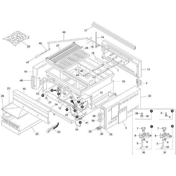 Exploded view spare parts for Fimar lava stone grill B80 - Fimar