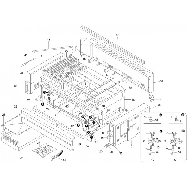 Exploded view spare parts for Fimar lava stone grill B115 - Fimar