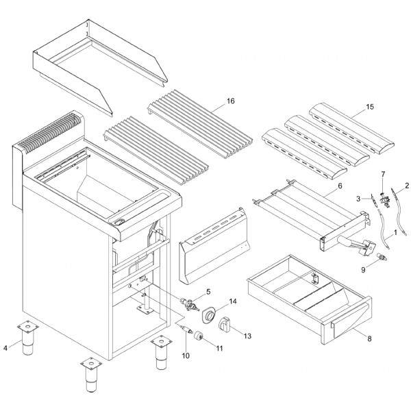 Exploded view spare parts for Fimar GW40M Combination Grill with Water - Fimar