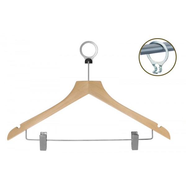Wooden hangers. maple finish with anti-theft chrome ring and trouser rack. GRAP - Stark s.r.l.