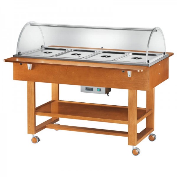Bain-marie display cart with plexiglass dome and wooden frame. - Forcar Multiservice