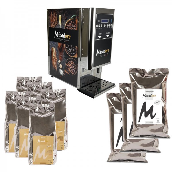 Kit macchina doppio erogatore + prodotti solubili: 3 kg di Ginseng Light + 3 kg di Orzo - Micadore