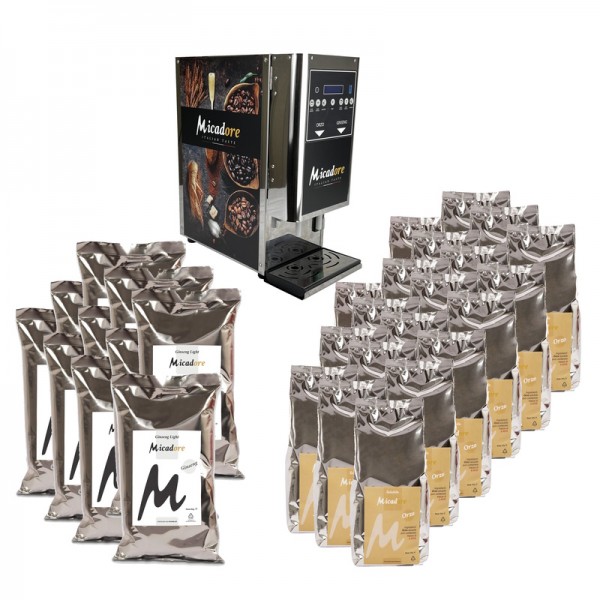 Kit macchina doppio erogatore + prodotti solubili: 10 kg di Ginseng Light + 10 kg di Orzo - Micadore