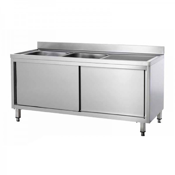 Stainless steel cabinet sink with two bowls and sliding doors - Forcar Inox