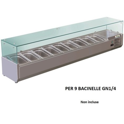 Showcase portaingredienti refrigerated stainless 180x33 cm for 9 GN containers 1/4. RI18033V - Forcar