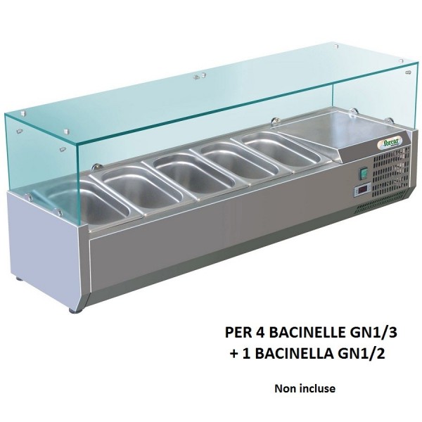 Vetrina refrigerata porta ingredienti Forcar RI14038V 140x38 cm per 4 bacinelle GN1/3 + a bacinella GN 1/2. - Forcar Refrigerati