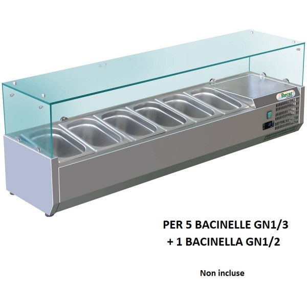 Vetrina refrigerata porta ingredienti Forcar RI15038V 150x38 cm per 5 bacinelle GN 1/3 + 1 bacinella 1/2. - Forcar Refrigerati
