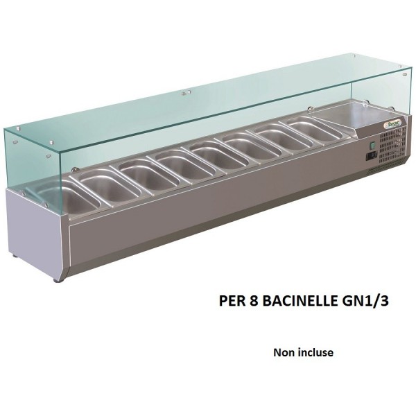 Vetrina refrigerata porta ingredienti Forcar RI18038V 180x38 cm per 8 bacinelle gastronorm GN 1/3. - Forcar Refrigerati
