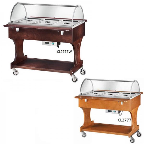 Bain-marie display cart with plexiglass dome, wooden frame and top above the dome. - Forcar Multiservice