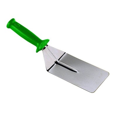 Rectangular stainless steel pizza shovel.