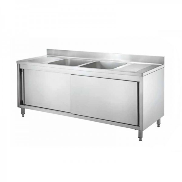 Stainless steel cabinet sink with two central bowls and sliding doors, length 200 cm - Forcar Inox