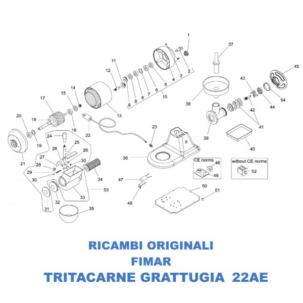 Exploded view for spare parts for combined meat grinder grater Fimar 22AE - Fimar