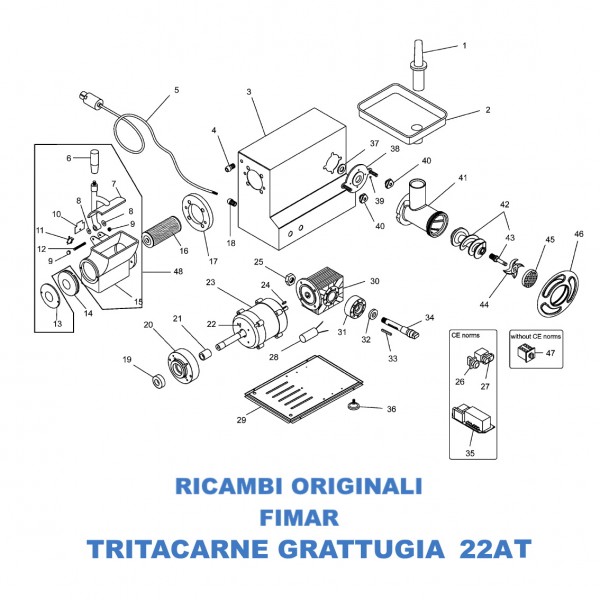 Exploded view for spare parts for combined meat grinder grater Fimar 22AT - Fimar