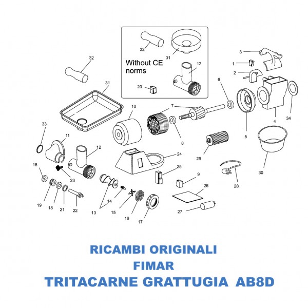Esploso per ricambi per combinato tritacarne grattugia Fimar AB8D - Fimar