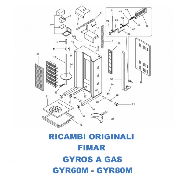 Exploded view spare parts for gas gyros kebabs Fimar GYR60M - GYR80M - Fimar