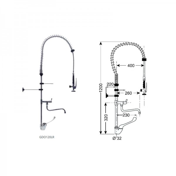 Gruppo doccia con miscelatore con leva clinica e rubinetto altezza 1200. GDO120LR - Forcar Inox