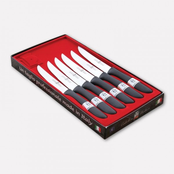 Pack of 6 steak knives with stainless steel blade and nylon handle. 1710 - Coltellerie Paolucci